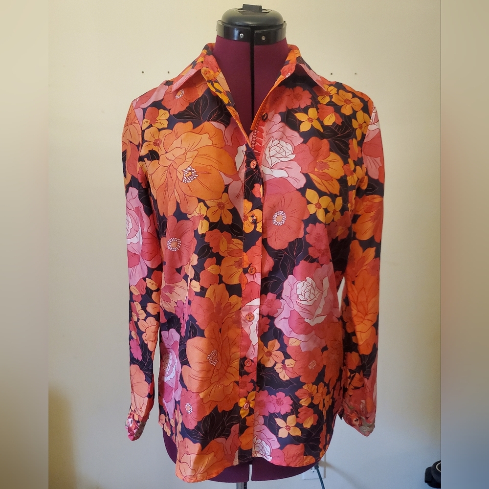 Johnny Was Becca 100% Silk Floral Button-Up L/S Embroidered Blouse Sz XS